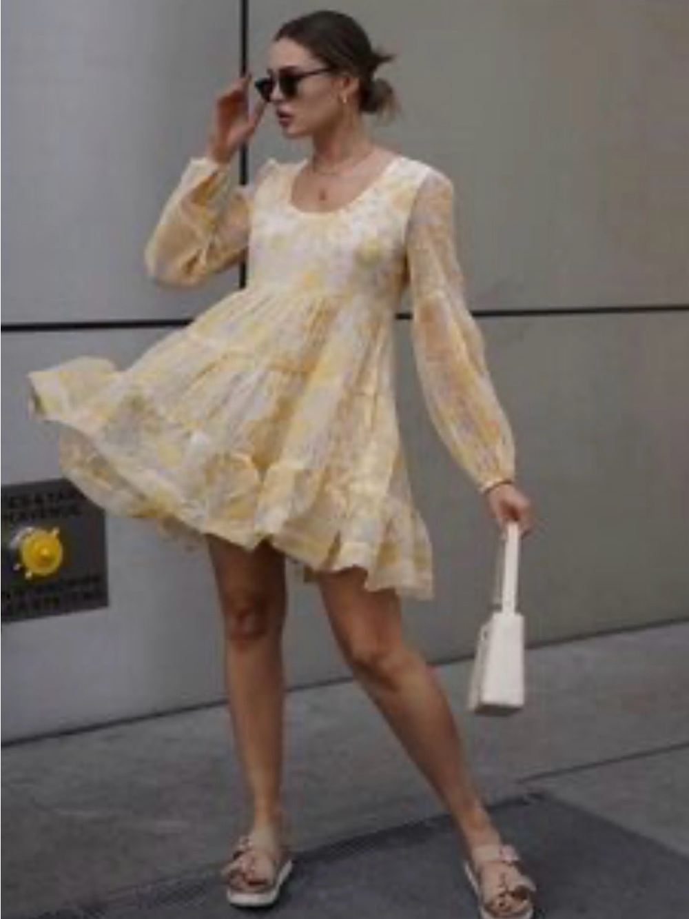 En Saison Audrey Floral Organza Babydoll Mini Dress M | Yellow Puff Sleeve Cotta